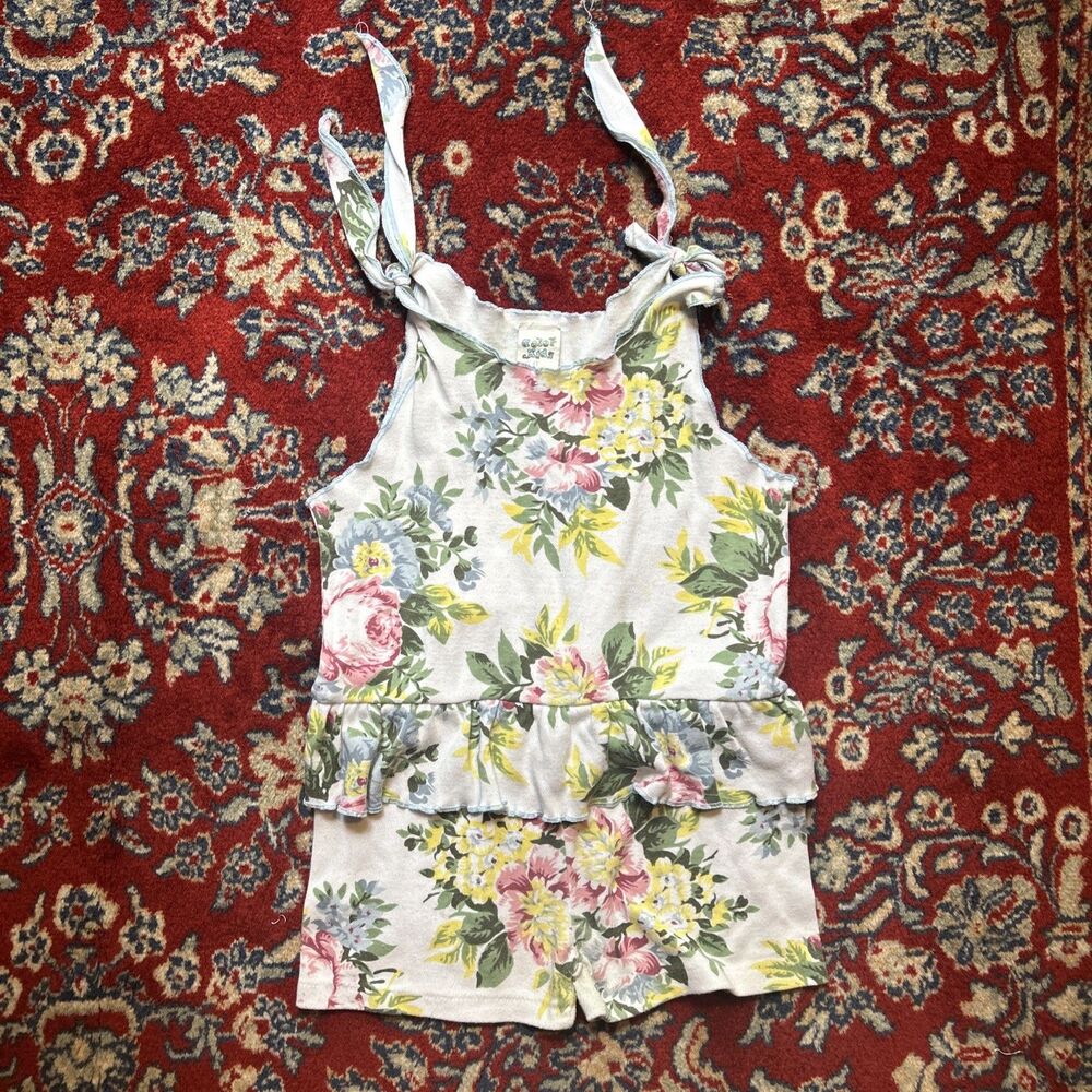 Vintage 90s Color Kids Girls Romper 4T Floral Flower Summer Cottage Ruffles